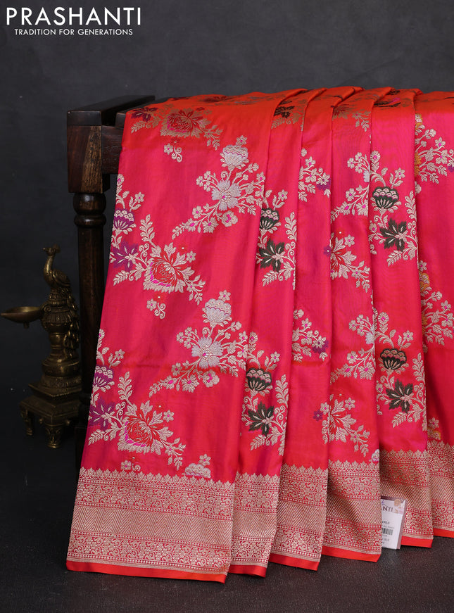 Banarasi uppada silk saree dual shade of pinkish orange with allover thread & zari weaves and zari woven border