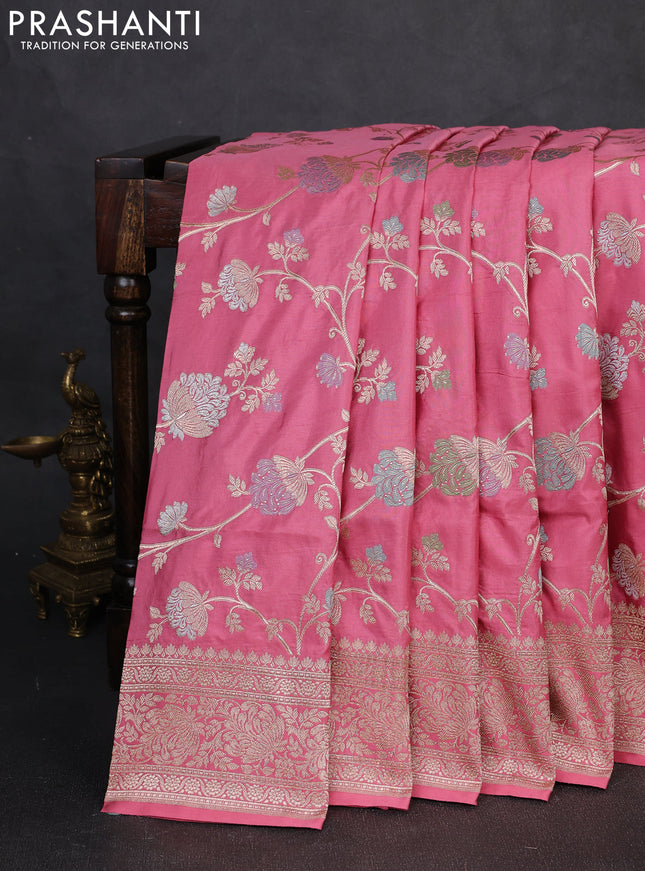 Banarasi uppada silk saree peach pink with allover thread & zari weaves and zari woven border