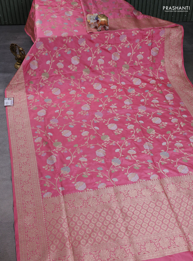 Banarasi uppada silk saree peach pink with allover thread & zari weaves and zari woven border