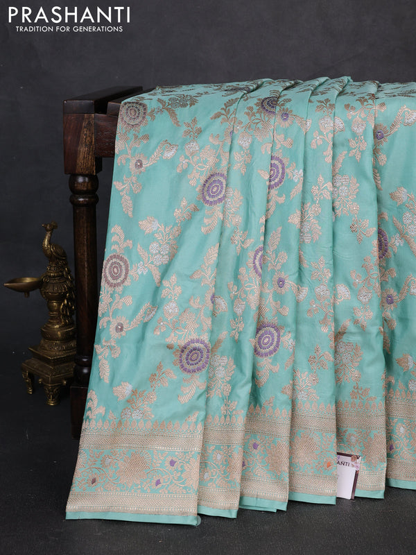 Banarasi uppada silk saree teal blue with allover thread & zari weaves and zari woven border