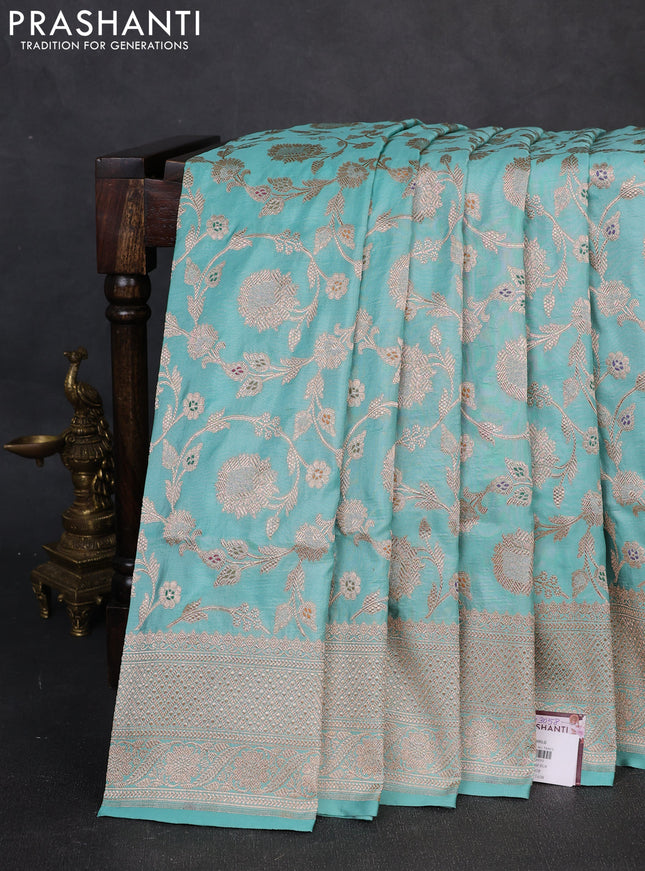 Banarasi uppada silk saree teal blue with allover thread & zari weaves and zari woven border
