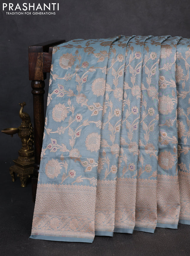 Banarasi uppada silk saree bluish grey with allover thread & zari weaves and zari woven border