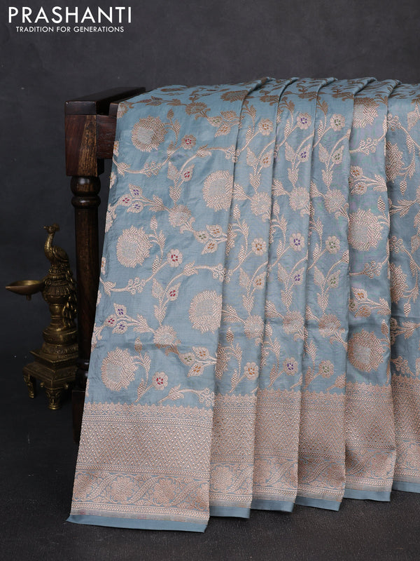 Banarasi uppada silk saree bluish grey with allover thread & zari weaves and zari woven border