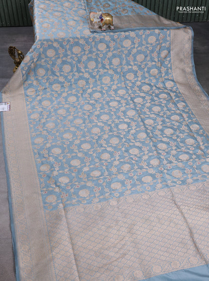 Banarasi uppada silk saree bluish grey with allover thread & zari weaves and zari woven border