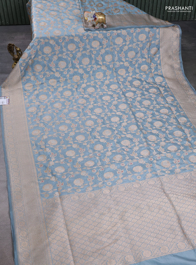 Banarasi uppada silk saree bluish grey with allover thread & zari weaves and zari woven border