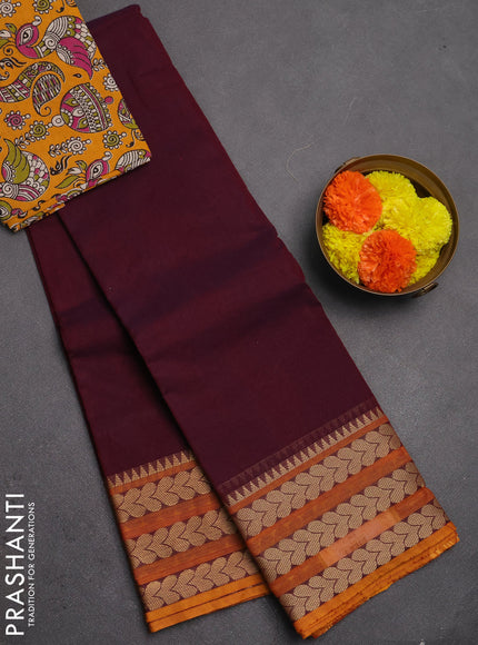 Chettinad cotton saree wine shade and mango yellow with plain body and thread woven border