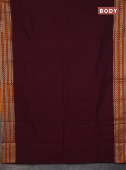 Chettinad cotton saree wine shade and mango yellow with plain body and thread woven border
