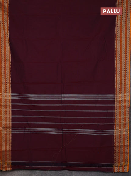 Chettinad cotton saree wine shade and mango yellow with plain body and thread woven border