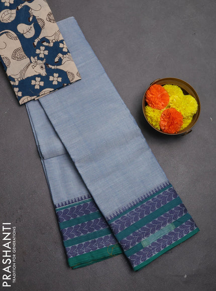 Chettinad cotton saree pastel blue and green peacock blue with plain body and thread woven border
