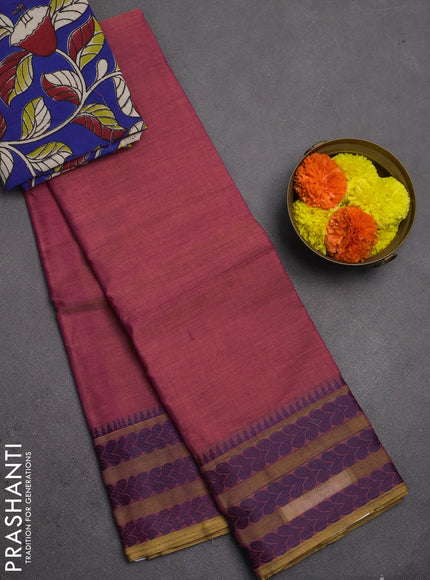 Chettinad cotton saree pink and blue with plain body and thread woven border
