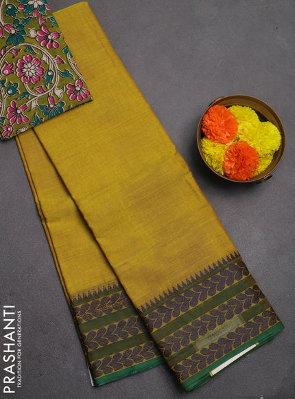 Chettinad cotton saree lime yelow and green with plain body and thread woven border
