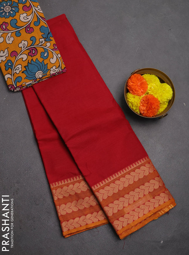 Chettinad cotton saree kumkumred and dark mustard with plain body and thread woven border