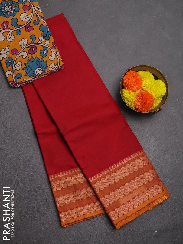 Chettinad cotton saree kumkumred and dark mustard with plain body and thread woven border
