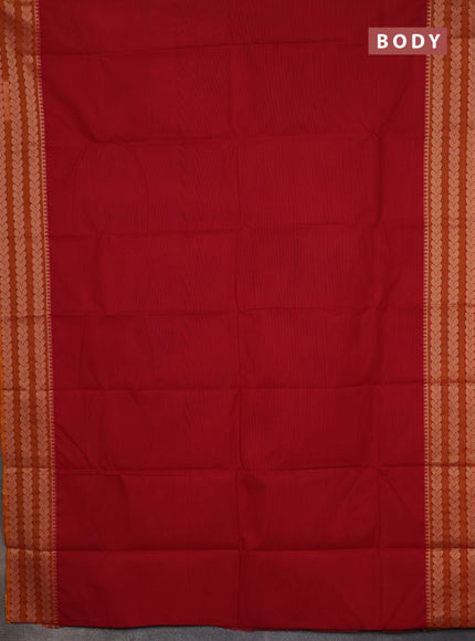 Chettinad cotton saree kumkumred and dark mustard with plain body and thread woven border