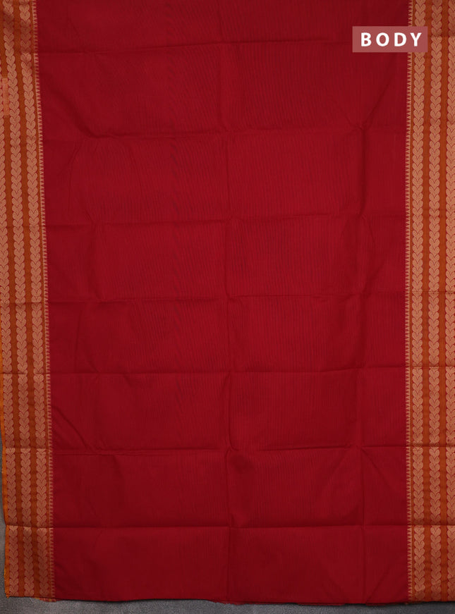 Chettinad cotton saree kumkumred and dark mustard with plain body and thread woven border