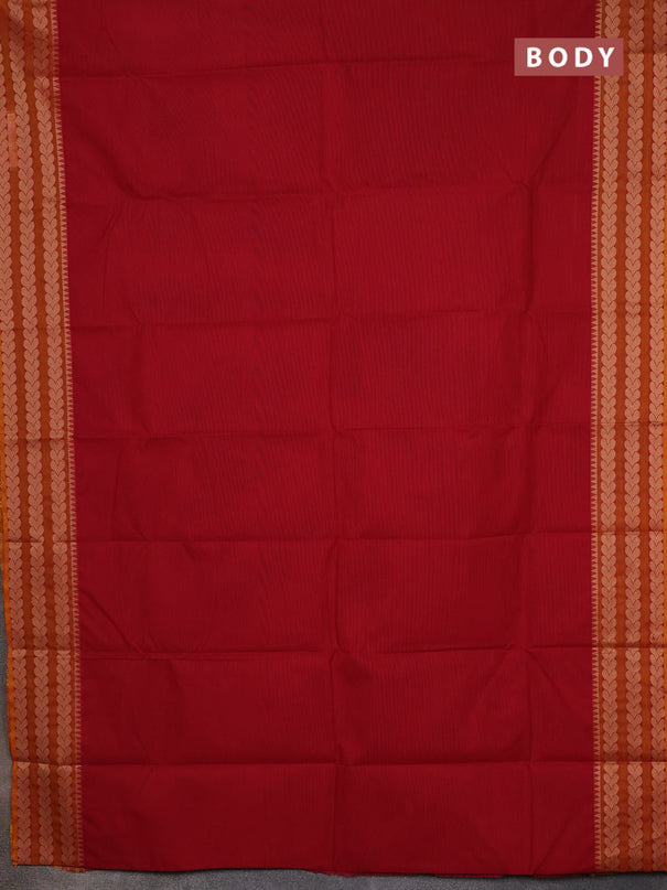 Chettinad cotton saree kumkumred and dark mustard with plain body and thread woven border