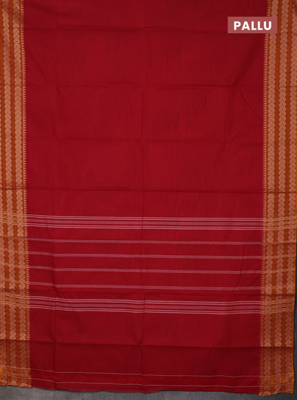 Chettinad cotton saree kumkumred and dark mustard with plain body and thread woven border