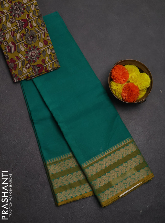 Chettinad cotton saree teal green and mustard green with plain body and thread woven border