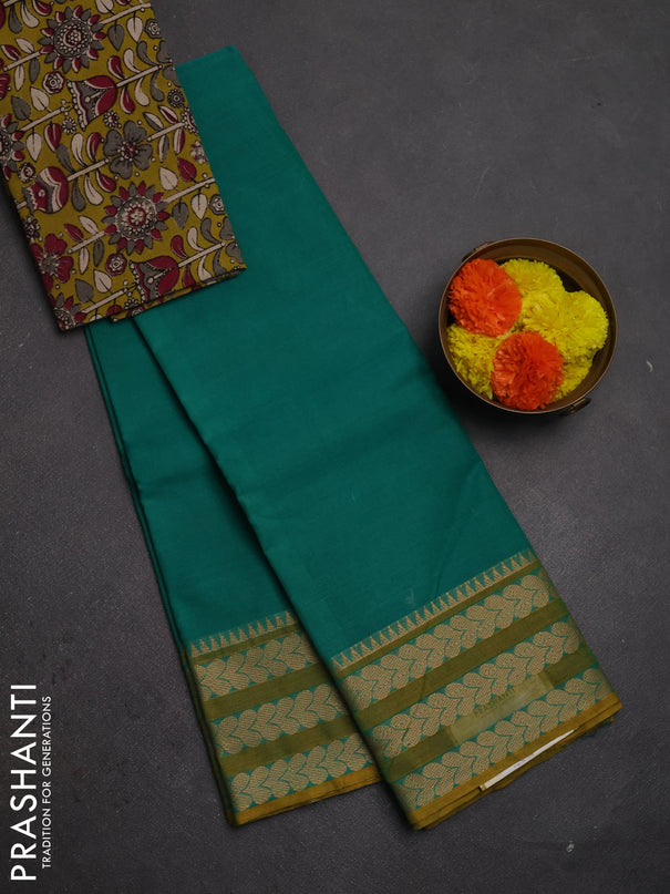 Chettinad cotton saree teal green and mustard green with plain body and thread woven border