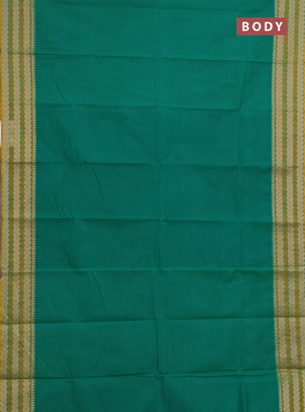 Chettinad cotton saree teal green and mustard green with plain body and thread woven border