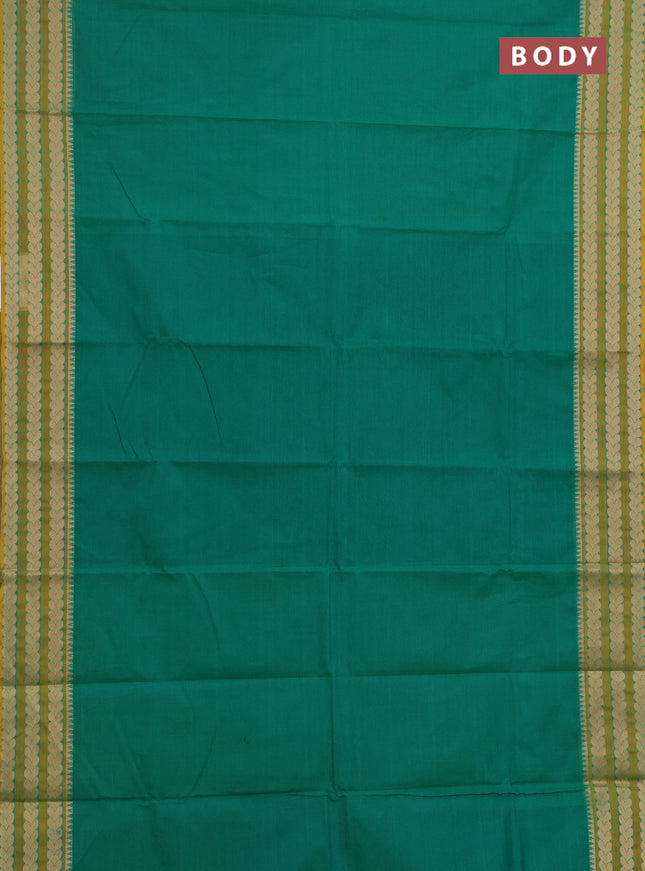 Chettinad cotton saree teal green and mustard green with plain body and thread woven border