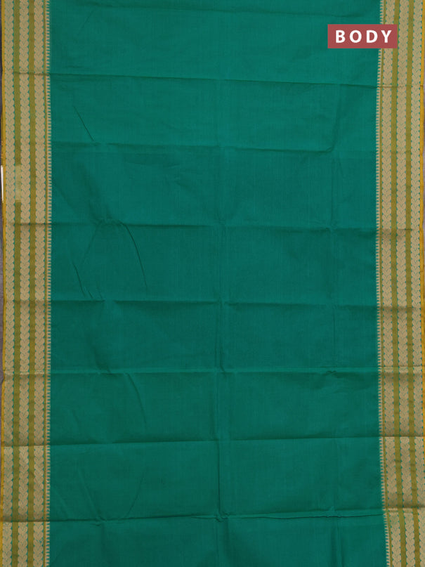 Chettinad cotton saree teal green and mustard green with plain body and thread woven border