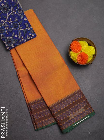Chettinad cotton saree mustard yellow and green blue with plain body and thread woven border