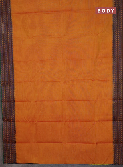 Chettinad cotton saree mustard yellow and green blue with plain body and thread woven border