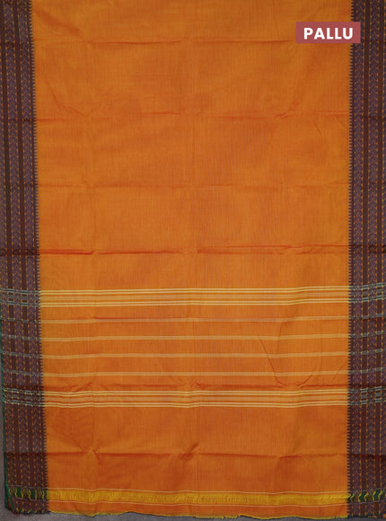 Chettinad cotton saree mustard yellow and green blue with plain body and thread woven border