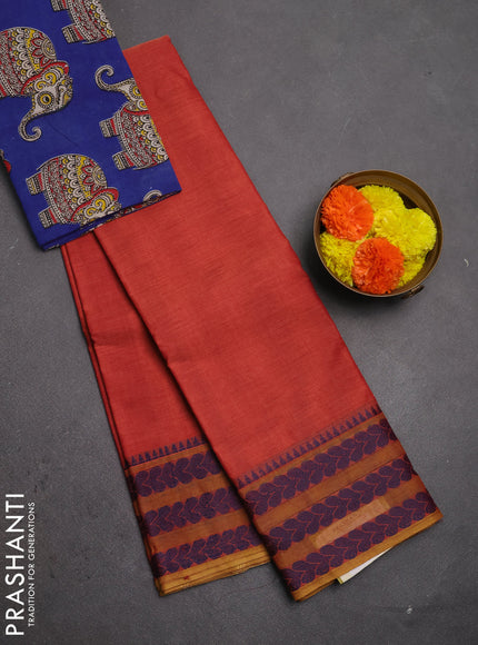Chettinad cotton saree pastel maroon and mustard blue with plain body and thread woven border