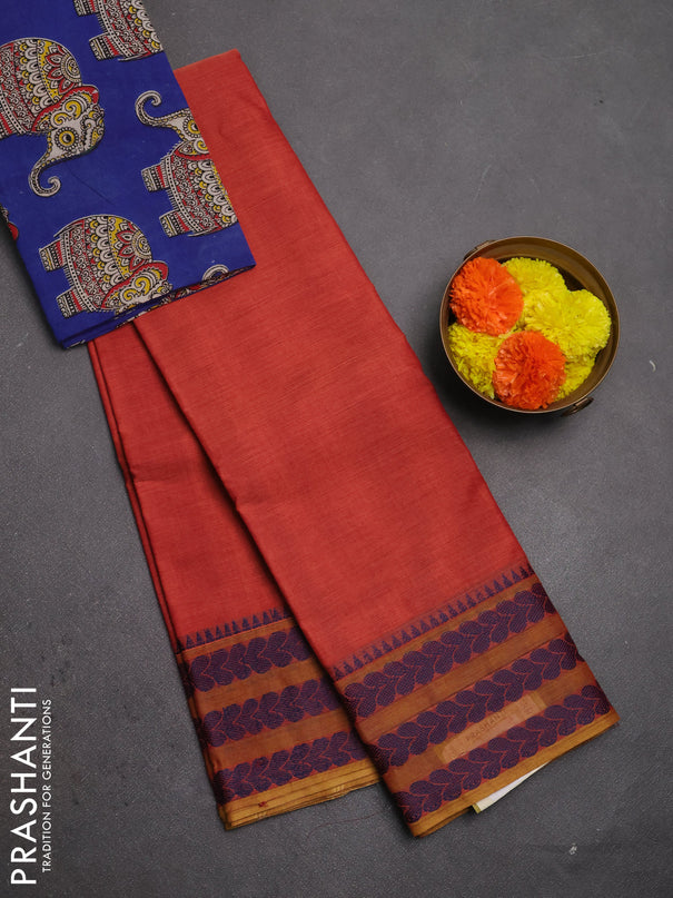 Chettinad cotton saree pastel maroon and mustard blue with plain body and thread woven border