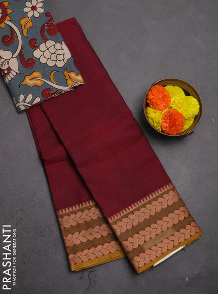 Chettinad cotton saree maroon and dark mustard beige with plain body and thread woven border