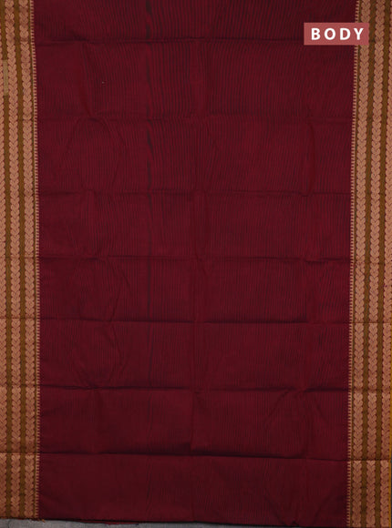 Chettinad cotton saree maroon and dark mustard beige with plain body and thread woven border
