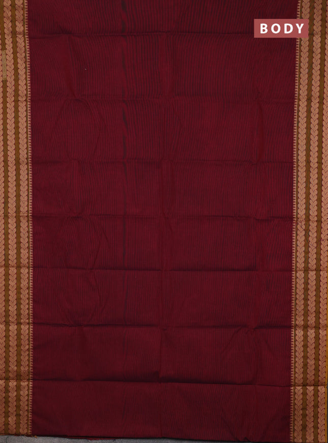 Chettinad cotton saree maroon and dark mustard beige with plain body and thread woven border