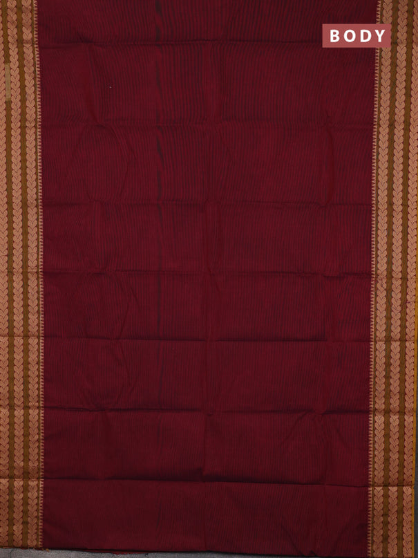 Chettinad cotton saree maroon and dark mustard beige with plain body and thread woven border