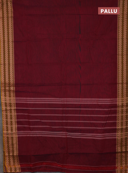Chettinad cotton saree maroon and dark mustard beige with plain body and thread woven border