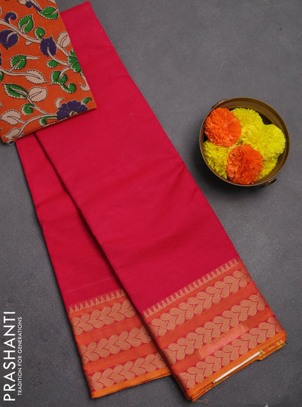 Chettinad cotton saree pink and orange with plain body and thread woven border