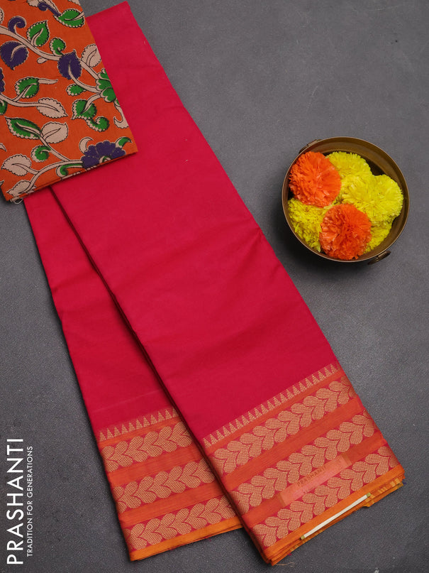 Chettinad cotton saree pink and orange with plain body and thread woven border
