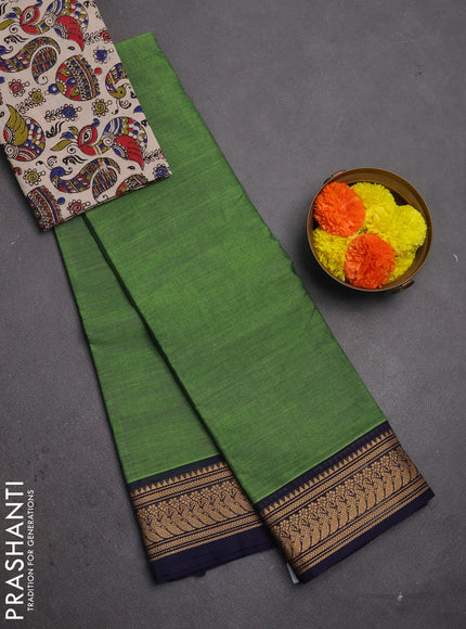 Chettinad cotton saree green and navy blue beige with plain body and thread woven border