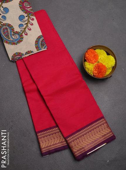 Chettinad cotton saree pink and wine shade brige with plain body and thread woven border