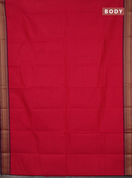Chettinad cotton saree pink and wine shade brige with plain body and thread woven border