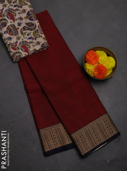 Chettinad cotton saree maroon and navy blue beige with plain body and thread woven border