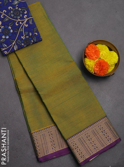 Chettinad cotton saree mustard green and purple blue with plain body and thread woven border