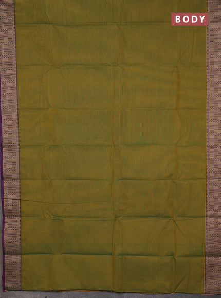 Chettinad cotton saree mustard green and purple blue with plain body and thread woven border