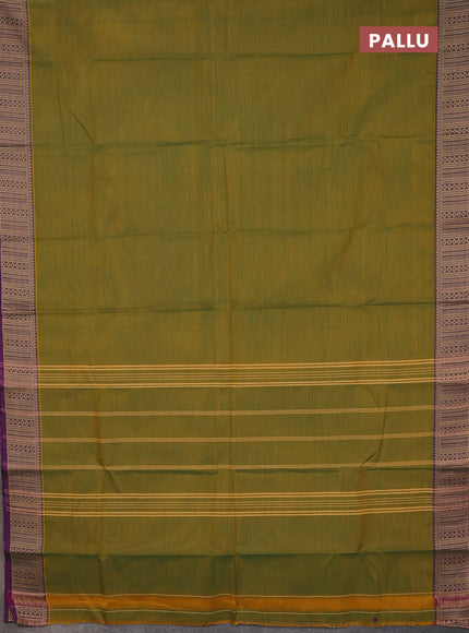 Chettinad cotton saree mustard green and purple blue with plain body and thread woven border