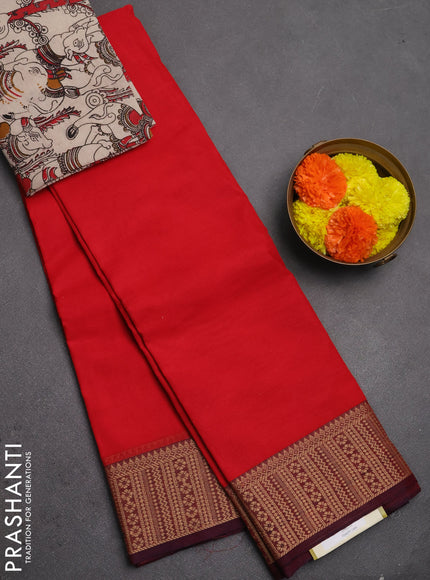 Chettinad cotton saree red and maroon beige with plain body and thread woven border