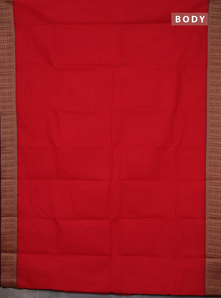 Chettinad cotton saree red and maroon beige with plain body and thread woven border