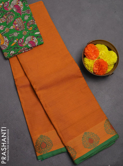 Chettinad cotton saree dark mustard and green with plain body and thread woven border