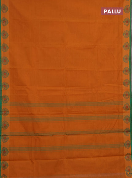 Chettinad cotton saree dark mustard and green with plain body and thread woven border