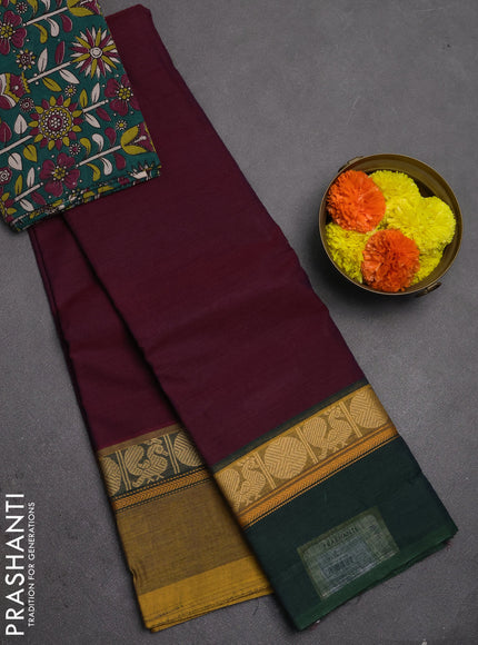 Chettinad cotton saree wine shade with plain body and ganga jamun border